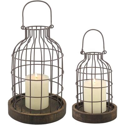 China 100% Handmade Home Decor Wedding Handmade Home Decor Farmhouse Metal Wire Frame Wooden Bottom Lanterns Black Galvanized Rustic Candle Holders for sale