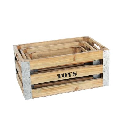 China Wholesale Rustic Europe Farmhouse Antique Reclaimed Wooden Crates Storage Box Tray Metal Framed for Toys, Tools, Snacks for sale