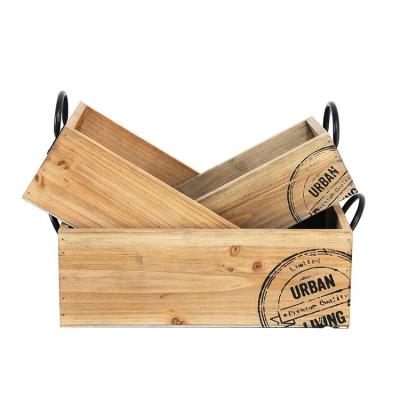 China 100% Handmade Decorative Farmhouse Storage Basket Wooden Box 3 Sets with Metal Handles for Home Bathroom Storage and Display for sale