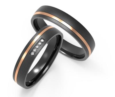 China Couple Black Zirconium Wedding Ring Polished With Cubic Zirconia Two Tones IP Rose Gold for sale