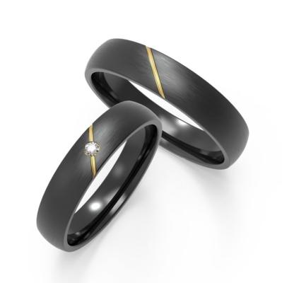 China Custom Couple Matte Black Titanium Ring With Diagonal K Gold Inset Zircon Design for sale