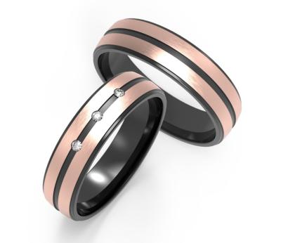 China Domed Black Titanium Mens Band Polished With Rose Gold Inset Zircon Couple Ring for sale