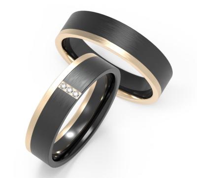 China Classic K Gold Black Titanium Couple Ring Set With Zircon Rings for sale