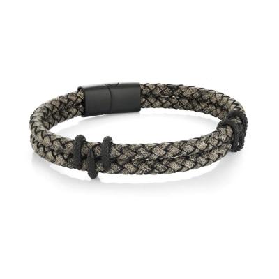 China Classic Men's PU Leather Bracelet Alloy Silver Black Plated Woven Braided Wrap Bracelets for sale