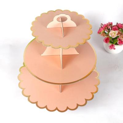 China Marry the & Birthday DIY Round Cupcake Display Stand Up Foldable Recyclable 3Tier Paper Cake Stand for sale