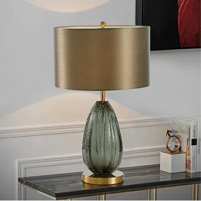 China Modern Living Room Home Bedroom Hotel Bedroom Lamps Modern Glass Support Round Fabric Lampshade Desk Decor Bed Side Table Lamp for sale