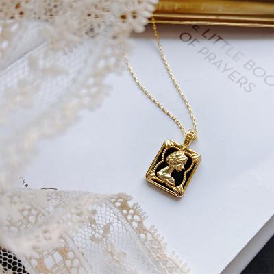 China Exquisite Black Agate Silver Girl Portrait Black Square Vintage S925 Pendant Necklace for sale