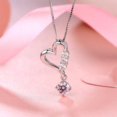 China FASHIONABLE High Quality Heart Shape Dangling Pink Zircon Pendant S925 Sterling Silver Necklace for sale