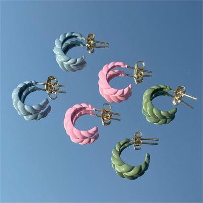 China Soft Outdoor Fashion Multicolor Pink Green Blue Enamel Jewelry Twist Crescent C Shaped Earrings for sale