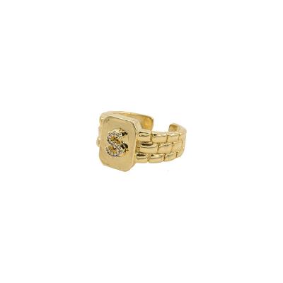 China TRENDY Gold Color Customize Adjustable A-Z Letter Opening Ring Square Shape Initial Letter Ring for sale