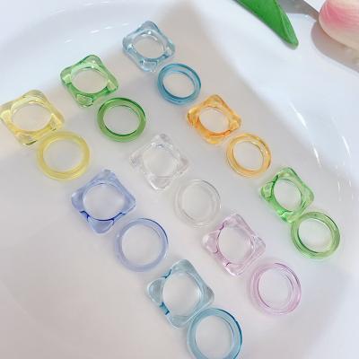 China 2021 Trendy Cute Candy Acrylic 2pcs/set Chunky Resin Finger Ring Colorful Plastic Sets for sale