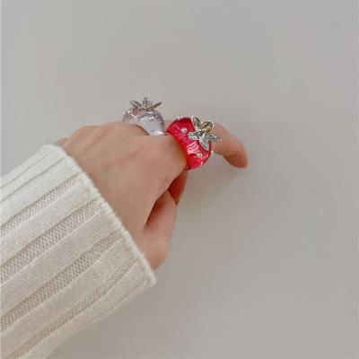 China Fashion Trendy Korean Women Strawberry Resin Acrylic Resin Cute Transparent Red Ring for sale