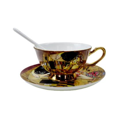 China 2019 New Products Sustainable Hot Bone China Coffee Cup And Saucer With Golden Handle for sale