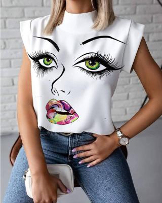 China Summer Stand Neck Streetwear T-shirts Sleeveless Casual Lady Anti-wrinkle Lip Print Loose Women T-shirts for sale