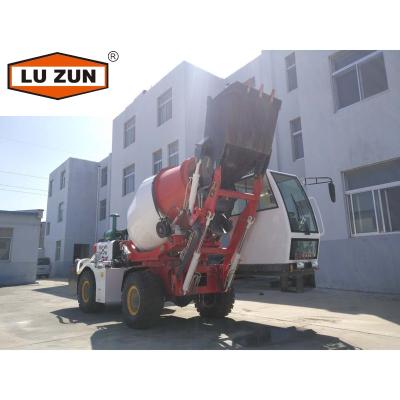 China Hotels LUZUN Mobile 1.2 Cubic Meter Concrete Mixer Machine With Automatic Arm for sale