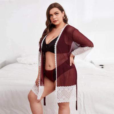 China New Arrival Spandex/Polyester High Quality Comfortable Sexy Cloak Perspective Tunic Home Wear Plus Size Gauze N Thong Set Mature Lady Sleepwear Lingerie for sale