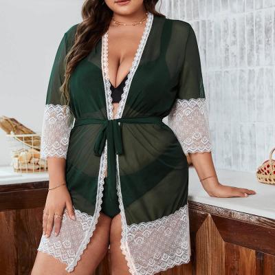 China New Style Good Quality Spandex/Polyester Perspective Sexy Comfortable Coat Gauze With Thong Lady Plus Size Lingerie Women Plus Size Tunic for sale