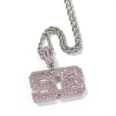 China Custom Small Square Cubic Zirconia Pink HIP HOP Jewelry Letter Name Plate Stitching Pendant Necklace For Women for sale