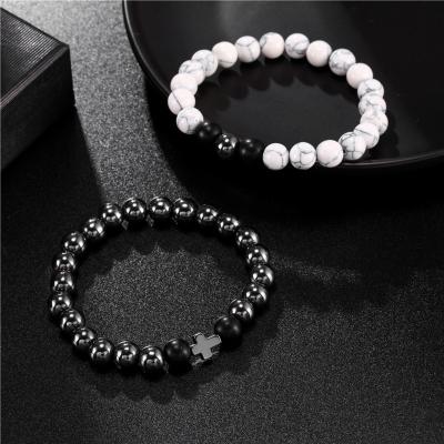 China 2pcs White Pine Punk Black Frosted Iron Stone Black Bracelet Stretch Bead Natural Stone Cross Bracelet for sale