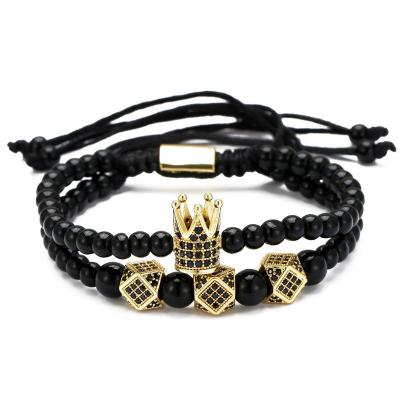 China Punk Black Onyx 4mm Braided Zircon Crown Adjustable Gold Micro Inlaid Beaded Bracelet Set For Men And Women for sale