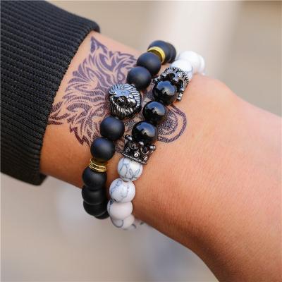 China 2022 Punk Custom 2pcs Frosted Stone White Crown Lion Head Bracelet Set Turquoise Zircon for sale