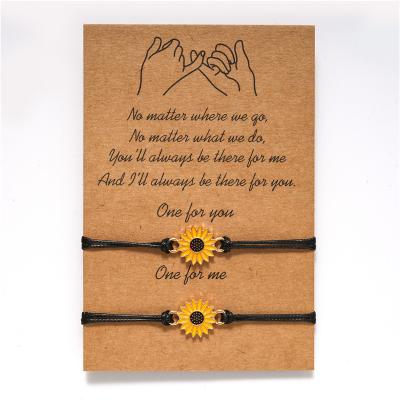 China Other New 2PCS SET Sunflower Daisy Bracelet Wax Thread Adjustable Braided Bracelet Women With Card for sale