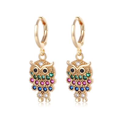 China TRENDY In Stock Simple Colorful Brass Gold Plated Zircon Circle Earring Animal Cute Owl for sale