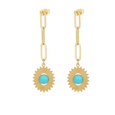 China New Vintage Design Fashion Stainless Steel Gold Inlaid Turquoise Sunflower Titanium Steel Dangle Earrings For Women for sale