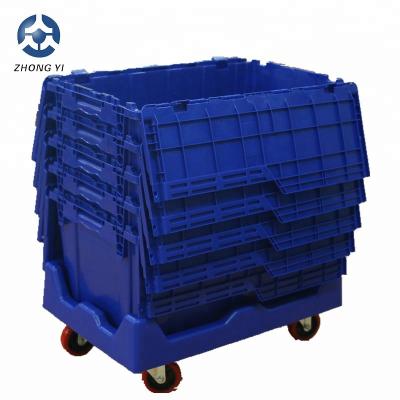 China Environmentally Friendly Heavy Duty Plastic Movable Boxes Attached Lid Industrial Moving Tote Box For Warehouse Containers for sale