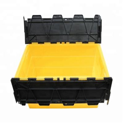 China Environmentally Friendly Heavy Duty Plastic Moving Boxes Attached Lid Industrial Moving Tote Box Containers for sale