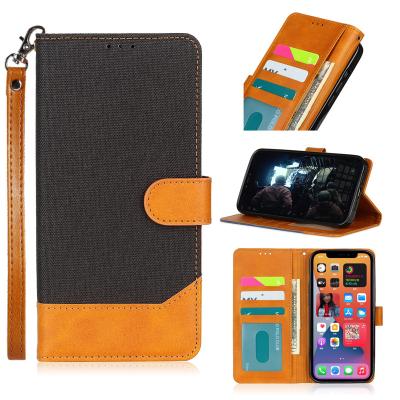 China Wholesale Cowhide Leather Canvas Business Style Flip Card Slot Wallet Leather Phone Case For iPhone 13 Mini/13/13 Pro/13 Pro Max For iPhone 13 Mini/13/13 Pro Max Pro/13 for sale