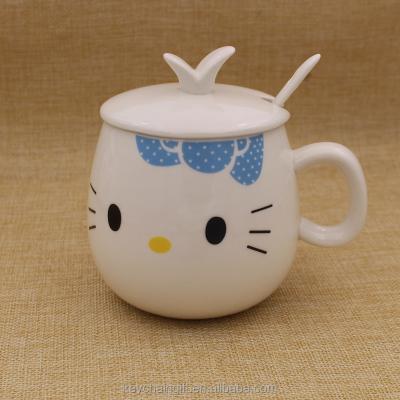 China Sustainable Promotion Gifts Ceramic Drinkware Coffee Mugs Blue Cat Mugs With Lids And Spoons for sale