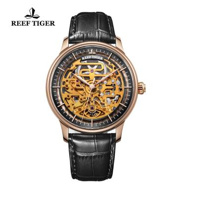 China Water Resistant Reef Tiger/RT Automatic Watches For Men Rose Gold Leather Band Skeleton Design Noble Watches Waterproof RGA1975 for sale