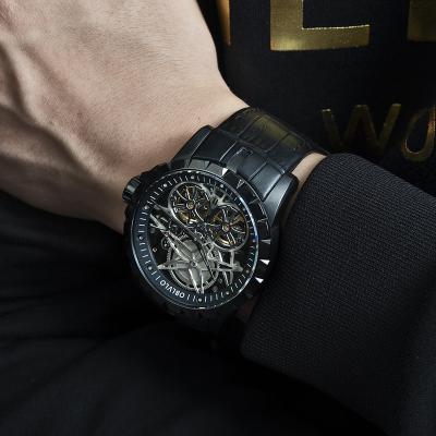 China OBLVLO Water Resistant Men's Military Automatic Watches Waterproof All Black Skeleton Leather Strap Montre Homme RM-T Watch for sale