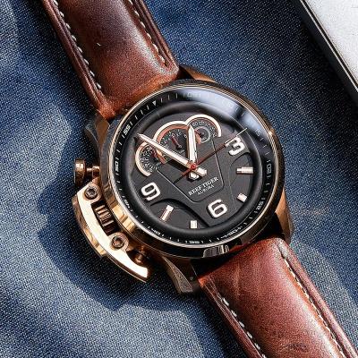 China Chronograph Reef Tiger Outdoor Sport Watches Men Steel Analog Quartz Watches Waterproof Chronograph Leather Strap Men's Watch RGA2105 for sale