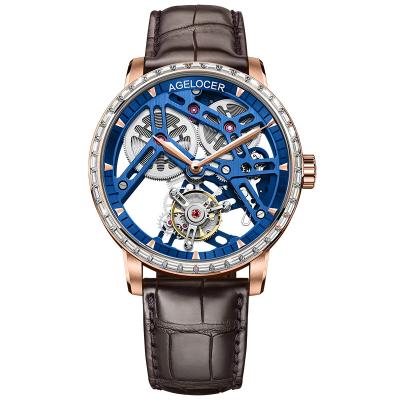 China AGELOCER Hot Skeleton Famous Luxury Men's Wrist Watch Waterproof Tourbillon Watch Leather Strap Leather Strap Watch 9004F2 for sale