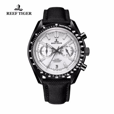 China New Reef Tiger Sport Mens Automatic Date Watches With Date Black Steel White Dial Luminous Chronograph Watch RGA3033 for sale