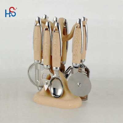 China Home Kitchen ABS Handle Stainless Steel 430 Wooden Utensil Set Kitchen Ware Gadget Set for sale