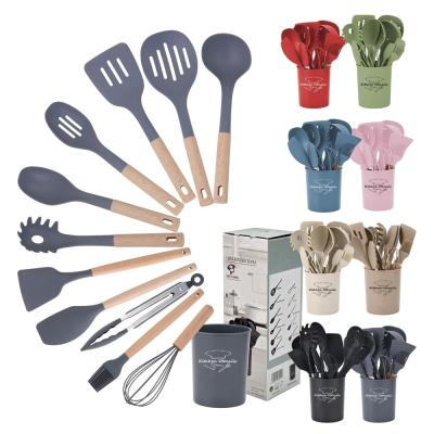 China Silicone Kitchenware Cocina Set 12 Pieces Cooking Tools with Wooden Handles Utensils for sale