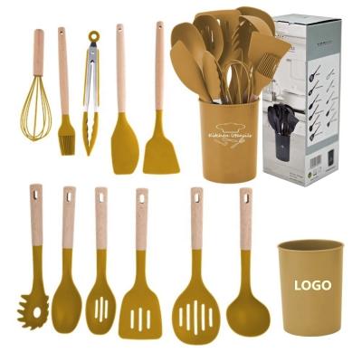 China Non-stick Cooking Tools 12pcs Silicon Kitchen Utensil Set with Bucket and Wood Handle for sale