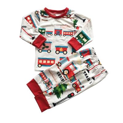 China MOQ 1 kids casual costumes trains design striped pajamas set new christmas boys or girls outfits rts for sale