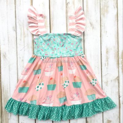 China New Arrival Sustainable Cupcake Prints Girls Summer Ruffle Boutique Dresses Sweet Girly Sleeve Baby Clothing for sale