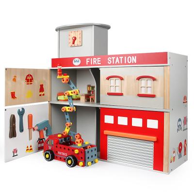 China 2022 Hot Sale Eco-friendly Material Wooden Dollhouse Toy Pretend Play Fire Station Dollhouse Toys For Children for sale