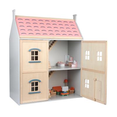 China Hot Sale ECO-FRIENDLY Double Storey Wooden Villa Dollhouse Set for Kids Pretend Big Play Dollhouse Toys for sale