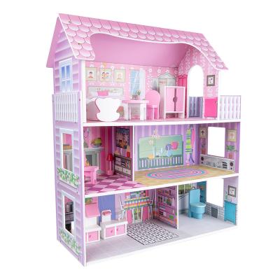 China New ECO-FRIENDLY Fashion Children's Wooden Toy Pink House Villa Girl Role Playing Gift Pretend To Play Dollhouse for sale