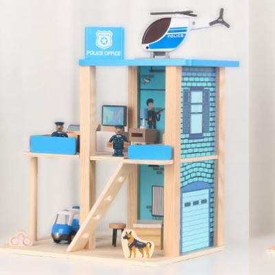 China New ECO-FRIENDLY Pretend To Play Police Station Fire Department Wooden Dollhouse Kids Role Playing Toys for sale