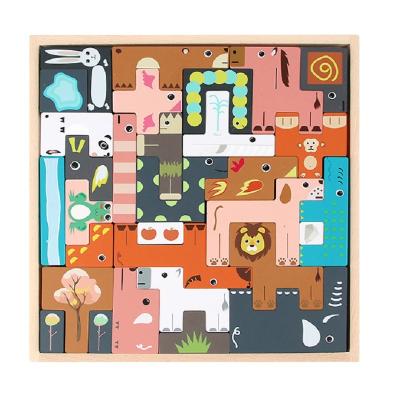 China Eco-friendly tangram animal wooden 3d puzzle DIY jigsaw puzzle geometry building blocks Montessori intelligence game toy for sale