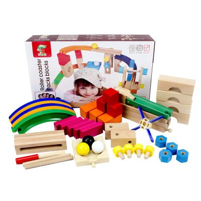 China Eco-friendly Material Assembly Track Roller Coaster Toy For Kids DIY Wooden Marble Run Building Blocks Sets Bricks Kids Toys for sale