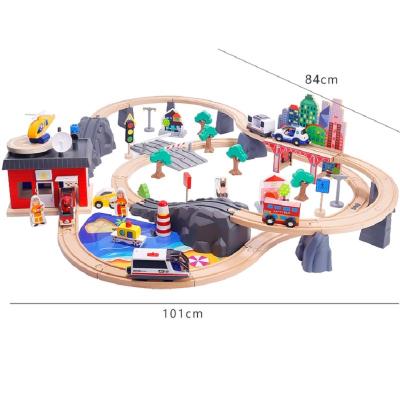 China Eco-friendly Material 92Pcs Police Freight Simulation Train Railway Toy and Fire Orbit Toy Train Puzzle Set Wooden Train Track Kids Toys for sale