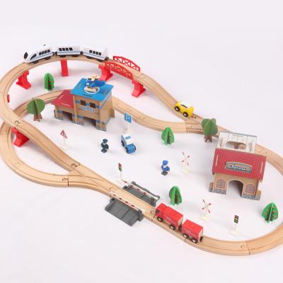 China EMU City Traffic Game 88Pcs Eco-friendly Building Children's Wooden Model Train Material Table Set Train Slot Toys for sale